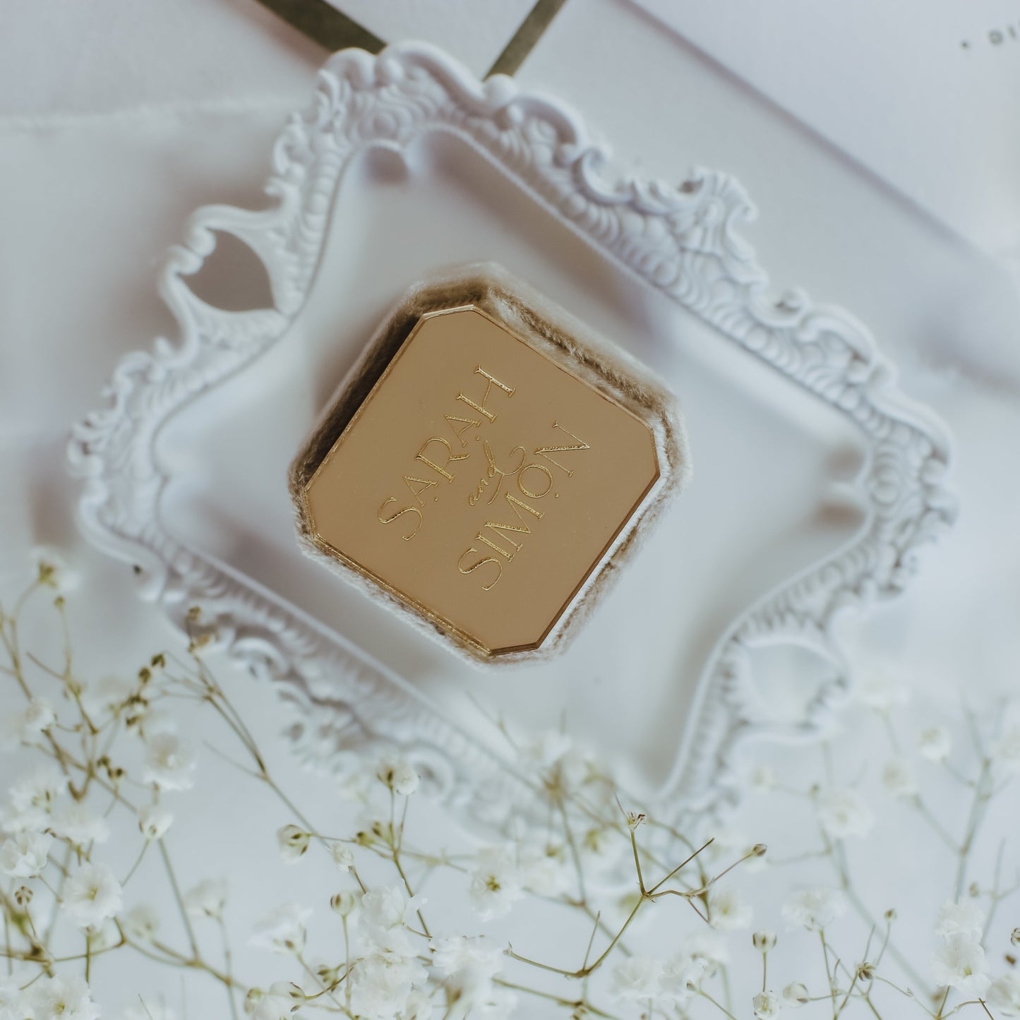 Bride and Groom Names Personalized on Octagon Velvet Ring Box