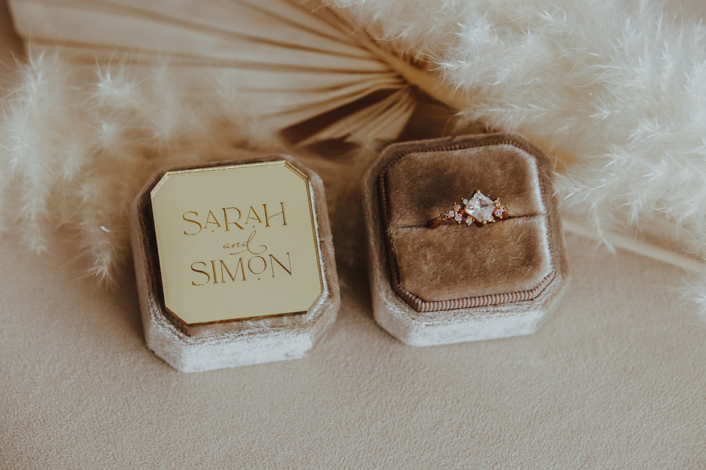 Personalized Boho Ring Box in Velvet with Bride and Groom Names