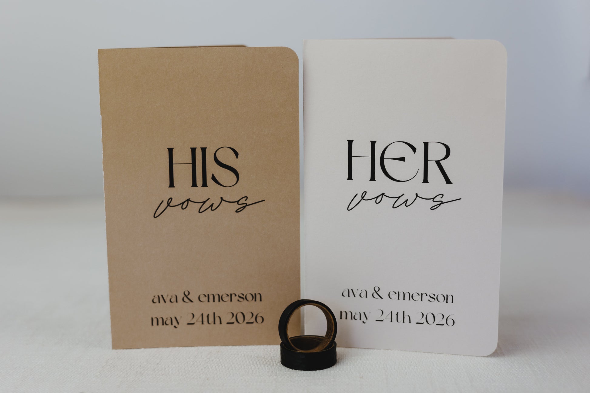 Custom vow books, 3.5" wide and 5.5" tall, with printed names and date, handmade with a soft touch cover