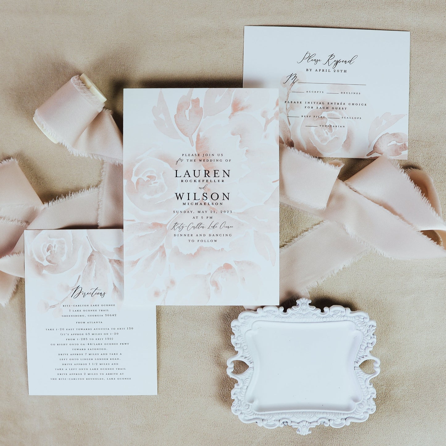 Wedding Flat Lay with Invitations and White Vintage Inspired Jewelry Tray