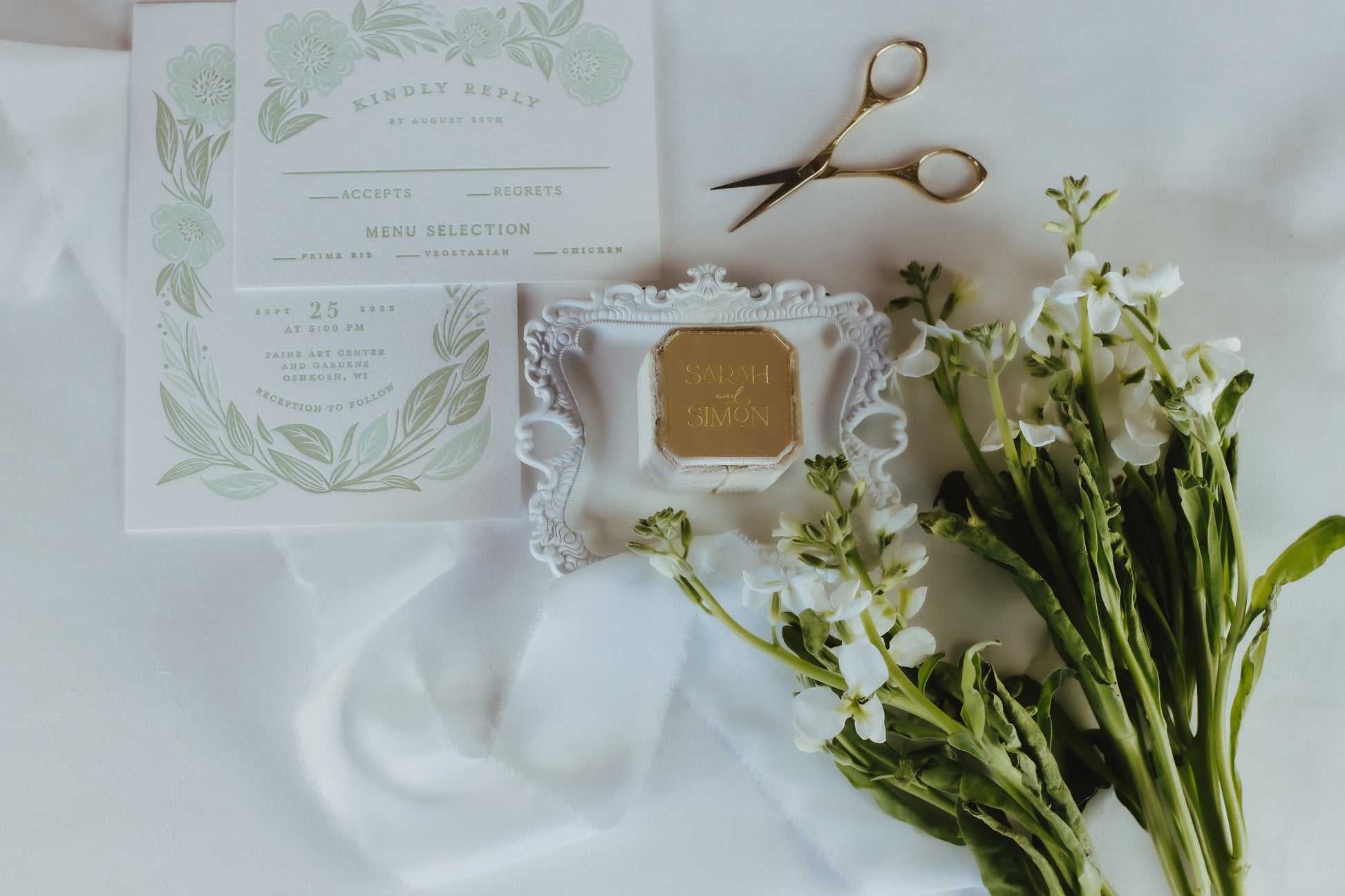 Velvet Ring Box in Flat Lay Personalized with Bride and Groom Names