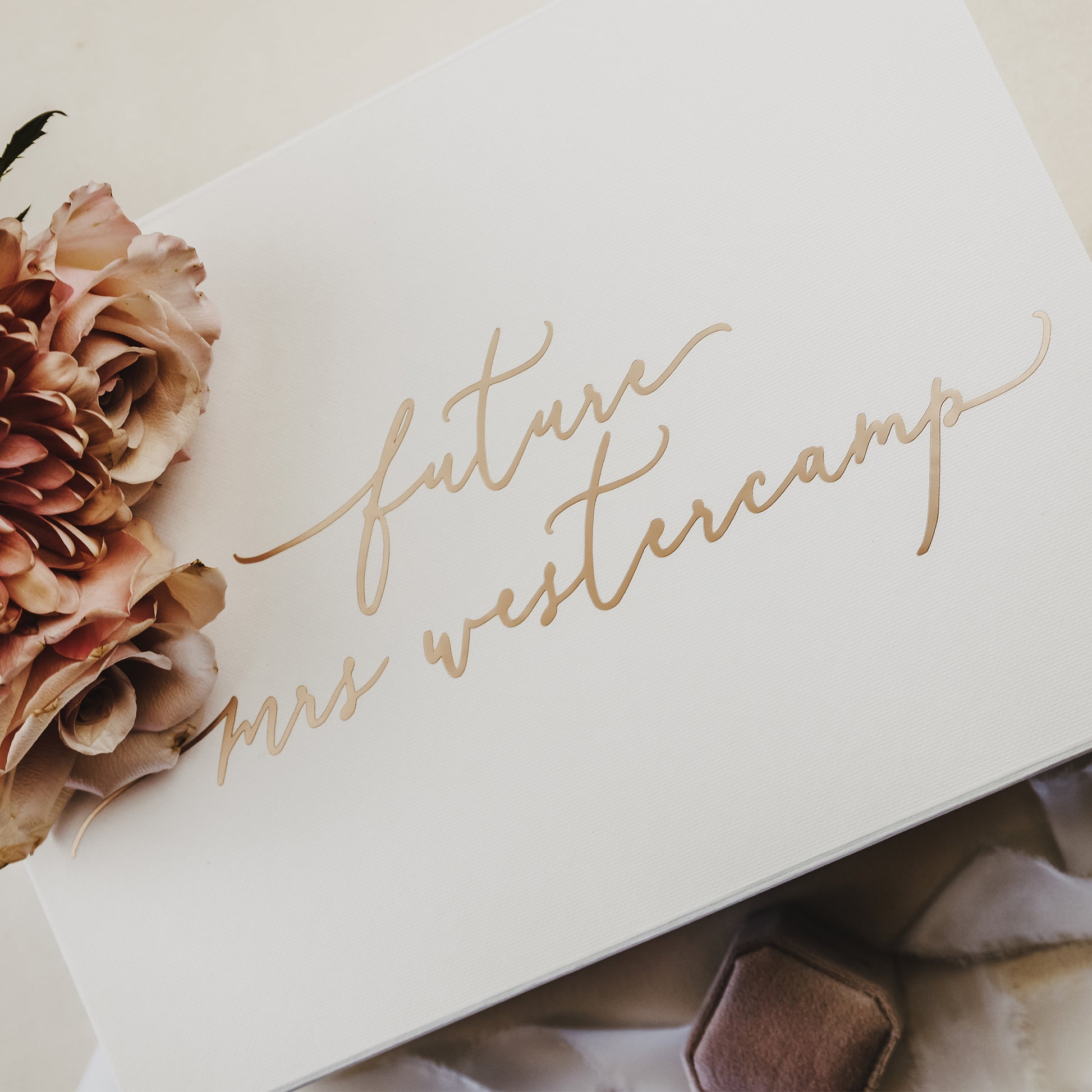 Personalized Gift Box for the Bride to Be with Her New Last Name in Elegant Metallic Calligraphy