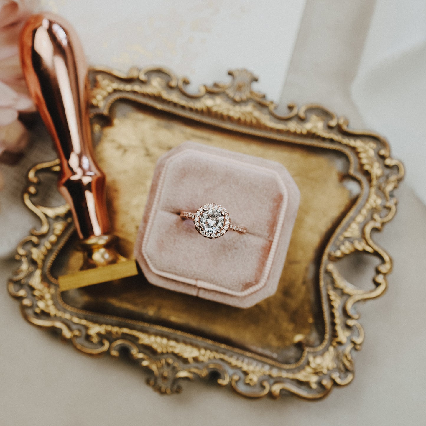 Vintage Style Ring Dish for Wedding Detail Flat Lay Photography with Antique Gold Finish