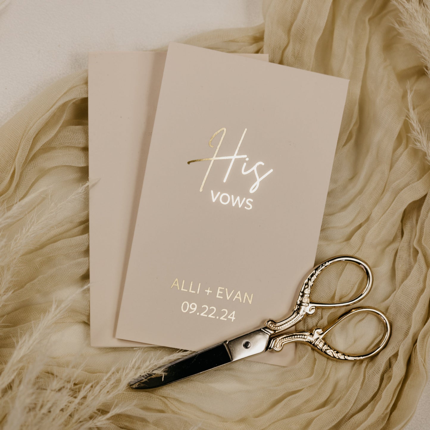 Pocket-sized, personalized vow books (3.5"x5.5") with foiled text, showing bride and groom names and wedding date