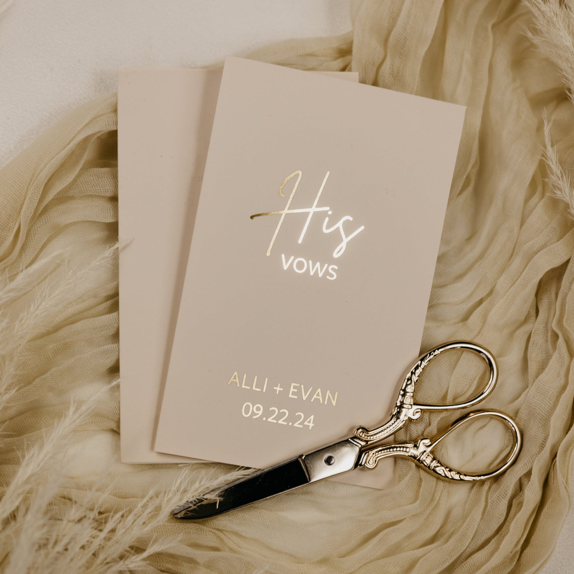 Pocket-sized, personalized vow books (3.5"x5.5") with foiled text, showing bride and groom names and wedding date