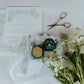 Hexagon Velvet Ring Box Personalized with Bride and Groom Names in Flat Lay