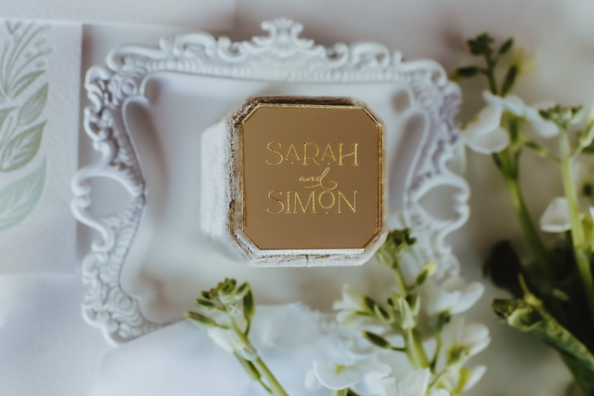 Velvet Ring Box Personalized with Names of Bride and Groom in Boho Font