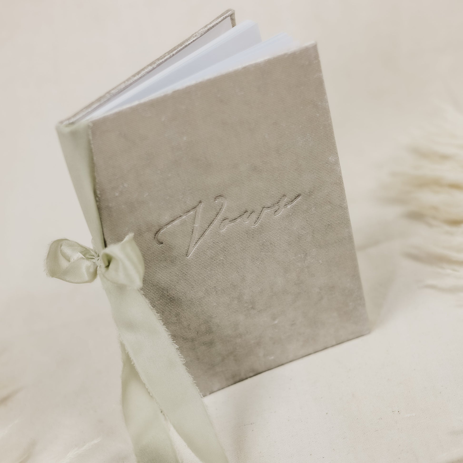 Velvet Vow Book with Silver Cover and Sage Ribbon Tie