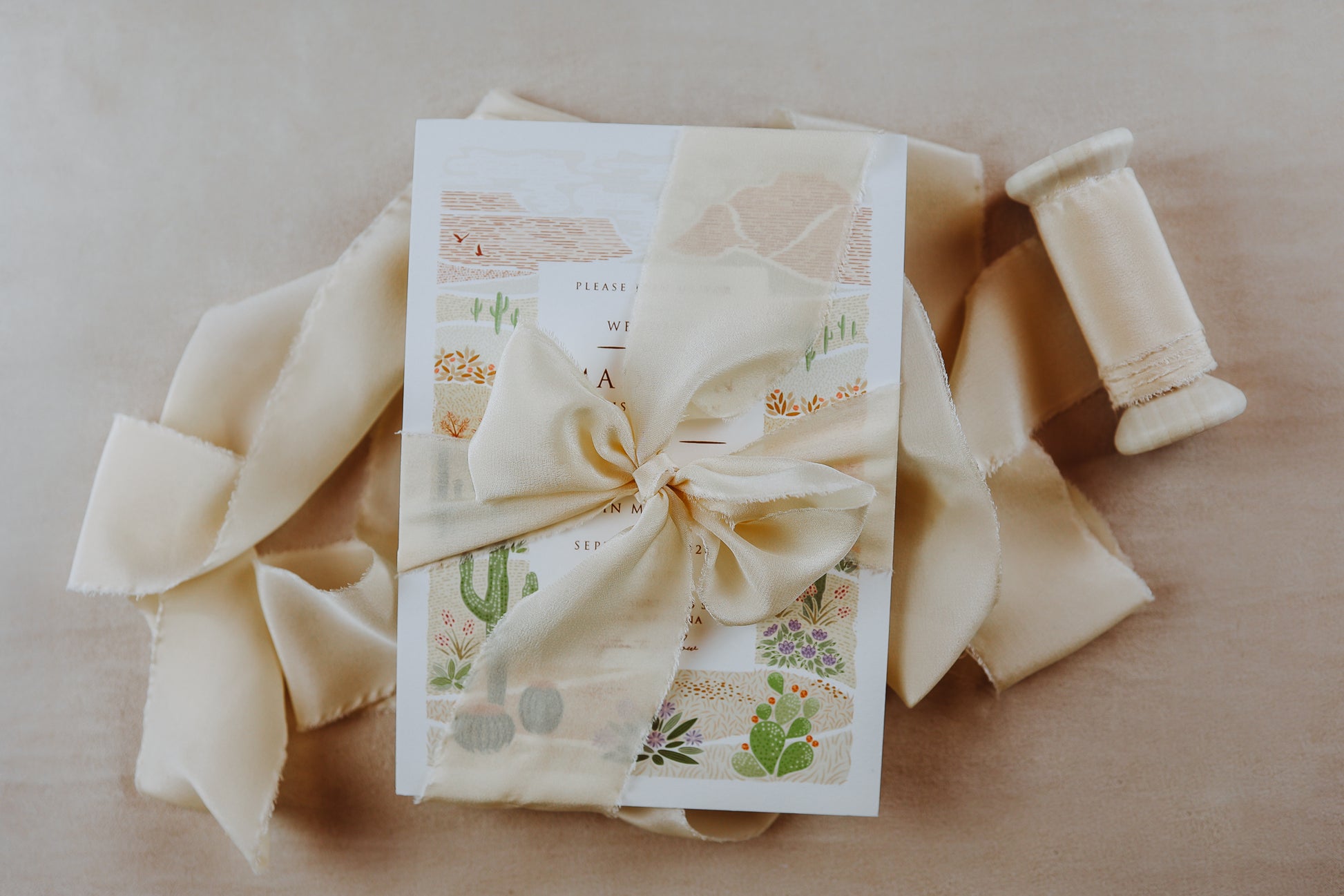 Artisan handmade silk ribbon with a raw edge, ideal for styling bridal bouquet flat lay photographs