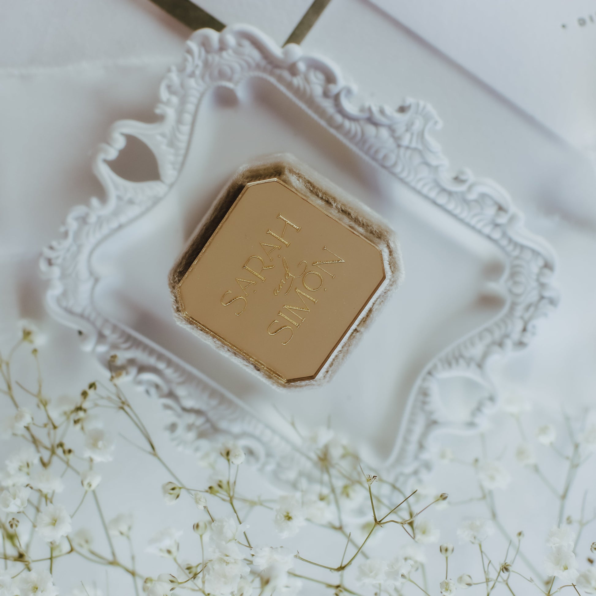 Bride and Groom Names Personalized on Octagon Velvet Ring Box