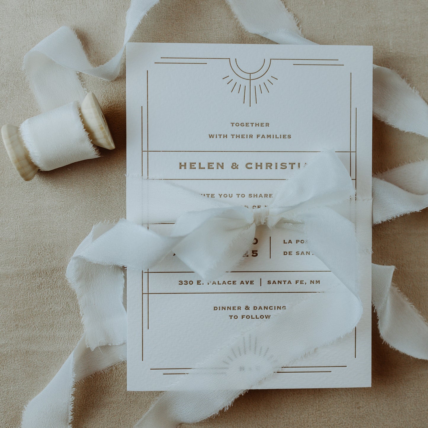 Hand-dyed, raw edge silk ribbon, adding a romantic touch to styled flat lay images of wedding stationery