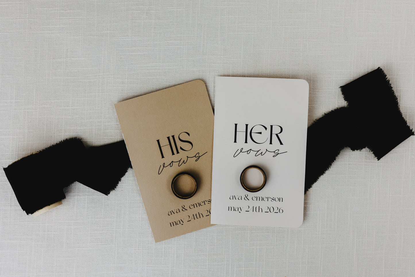 Handmade, pocket-sized vow books (3.5"x5.5") with printed personalization, including names and wedding date, soft touch cover