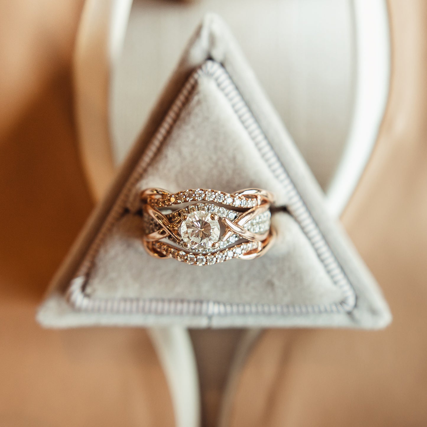 Flat Lay Styling Ring Box in Triangle Velvet for Unique Engagement Ring Pictures