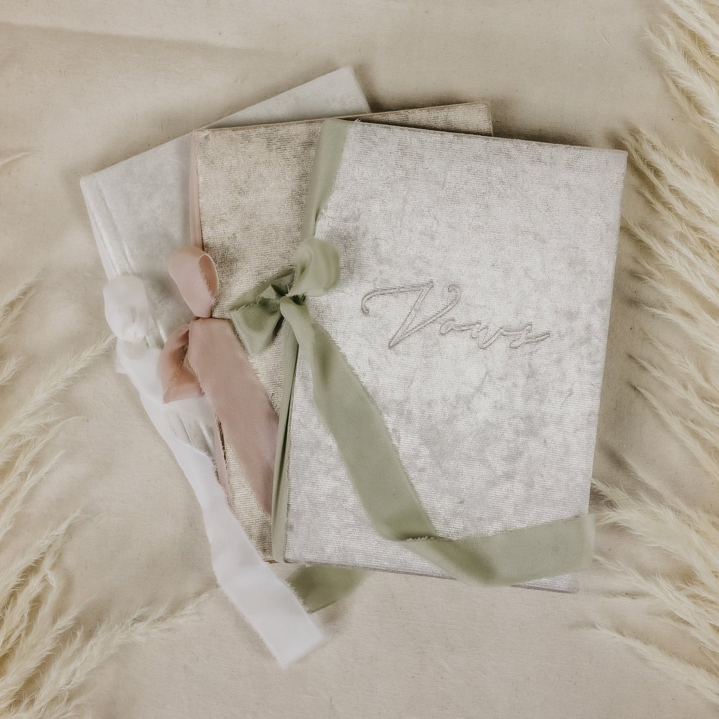 White Silver Champagne Vow Books with Velvet Cover and Ribbon Tie