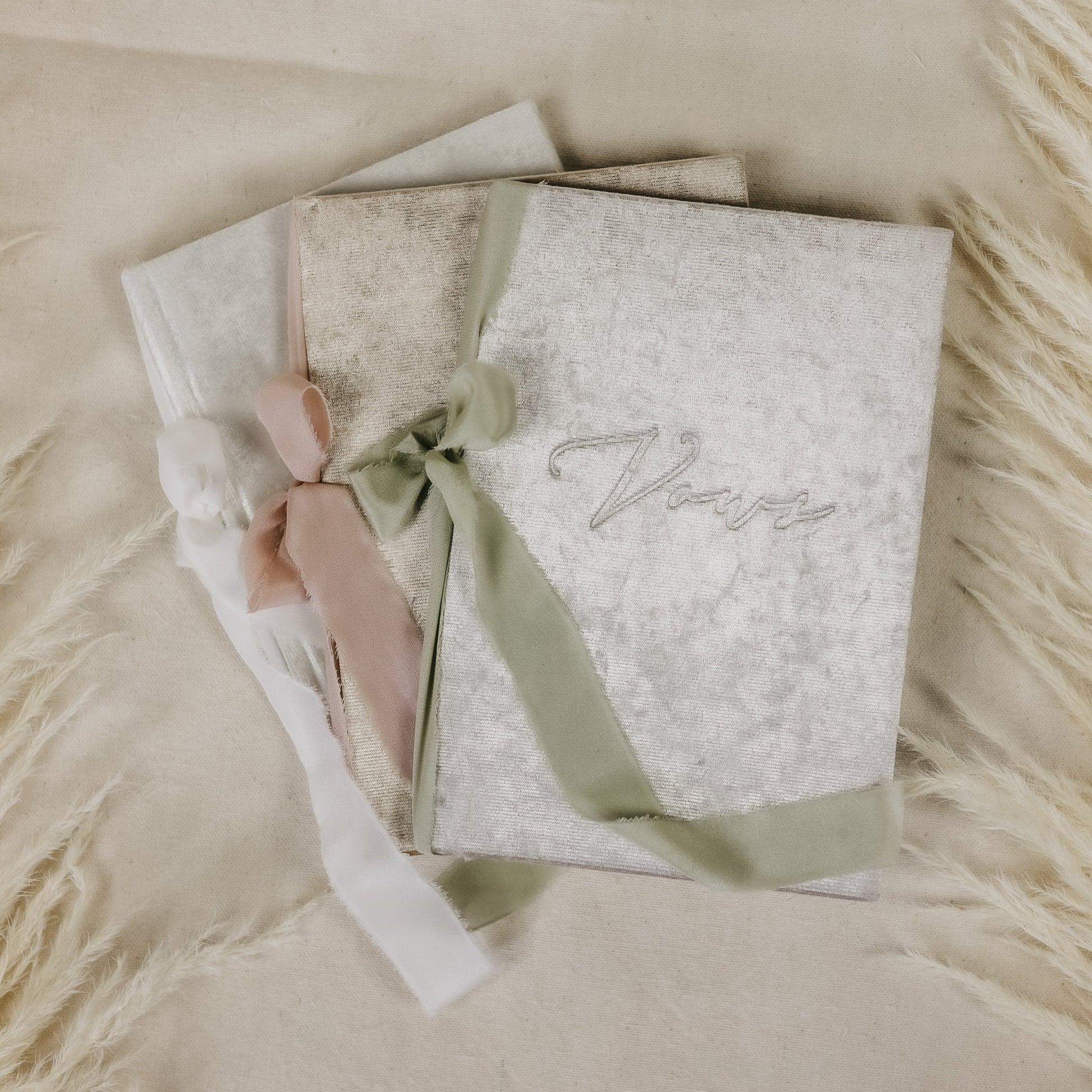 White Silver Champagne Vow Books with Velvet Cover and Ribbon Tie