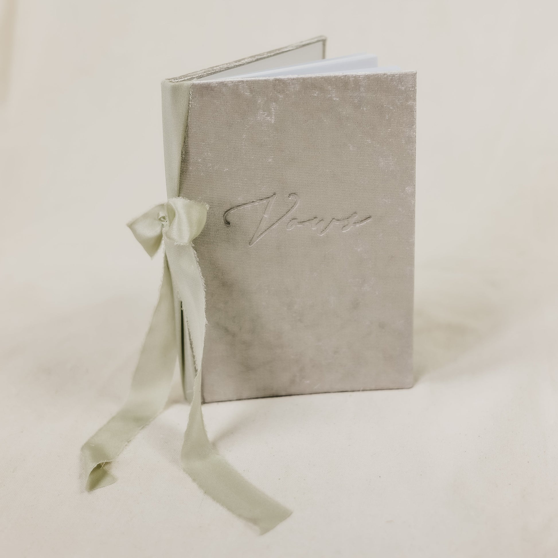 Book for Wedding Vows with Velvet Cover and Silk Ribbon Tie with Sage Raw Edge Ribbon