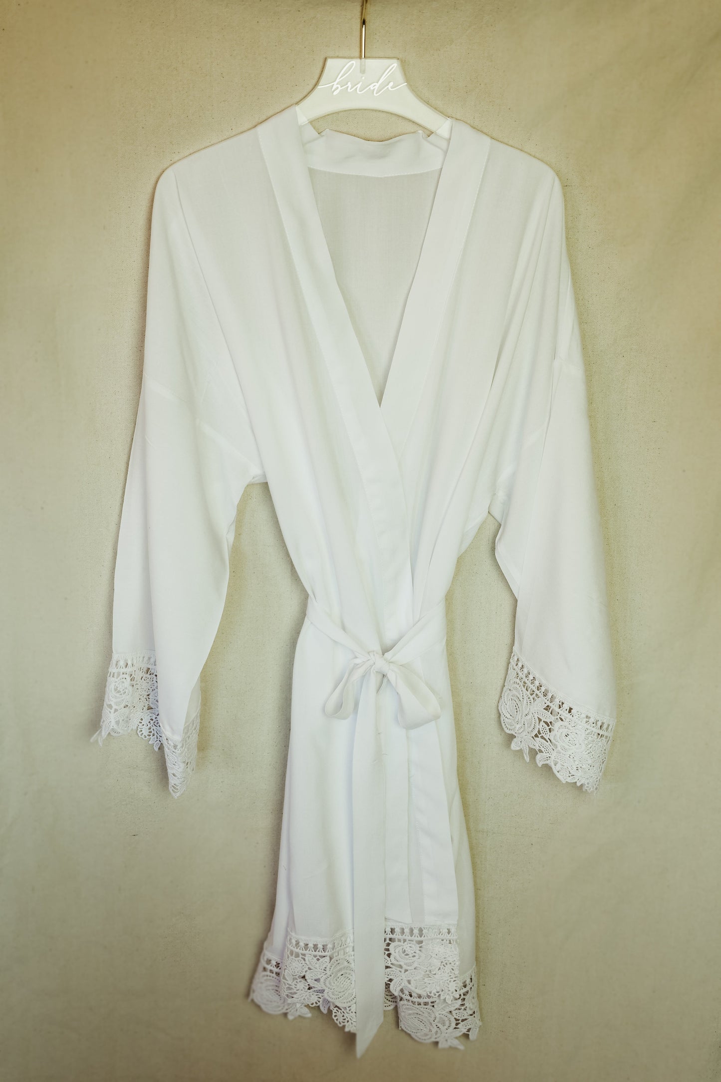 White Getting Ready Robe Gift for the Bride in Soft Cotton with Floral Lace Sleeves