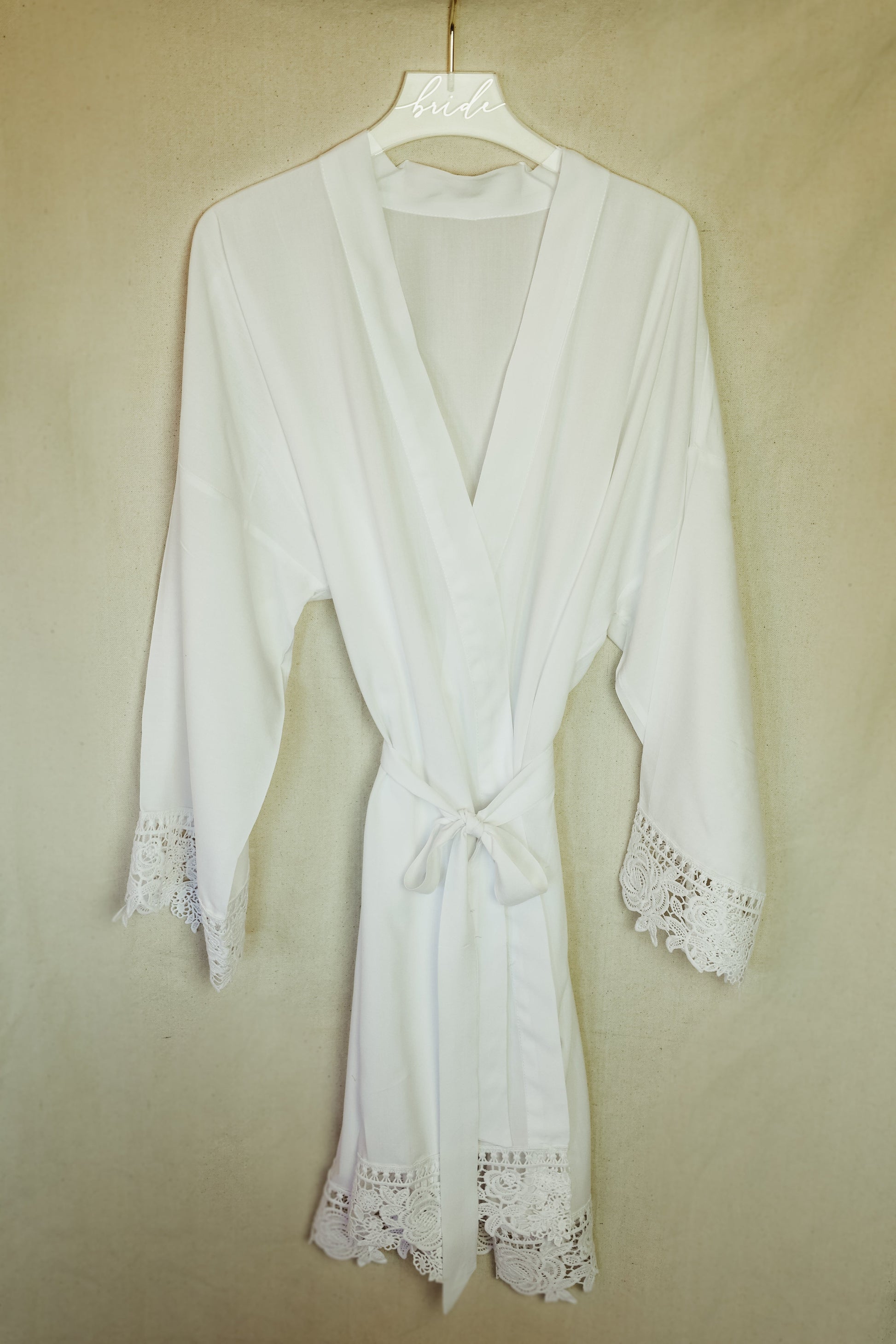 White Getting Ready Robe Gift for the Bride in Soft Cotton with Floral Lace Sleeves