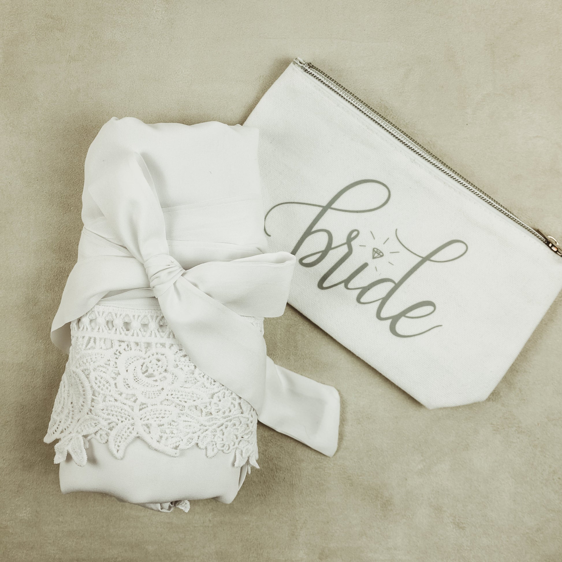 Getting Ready Robe for the Bride in White Cotton with Floral Lace Detail on Sleeves