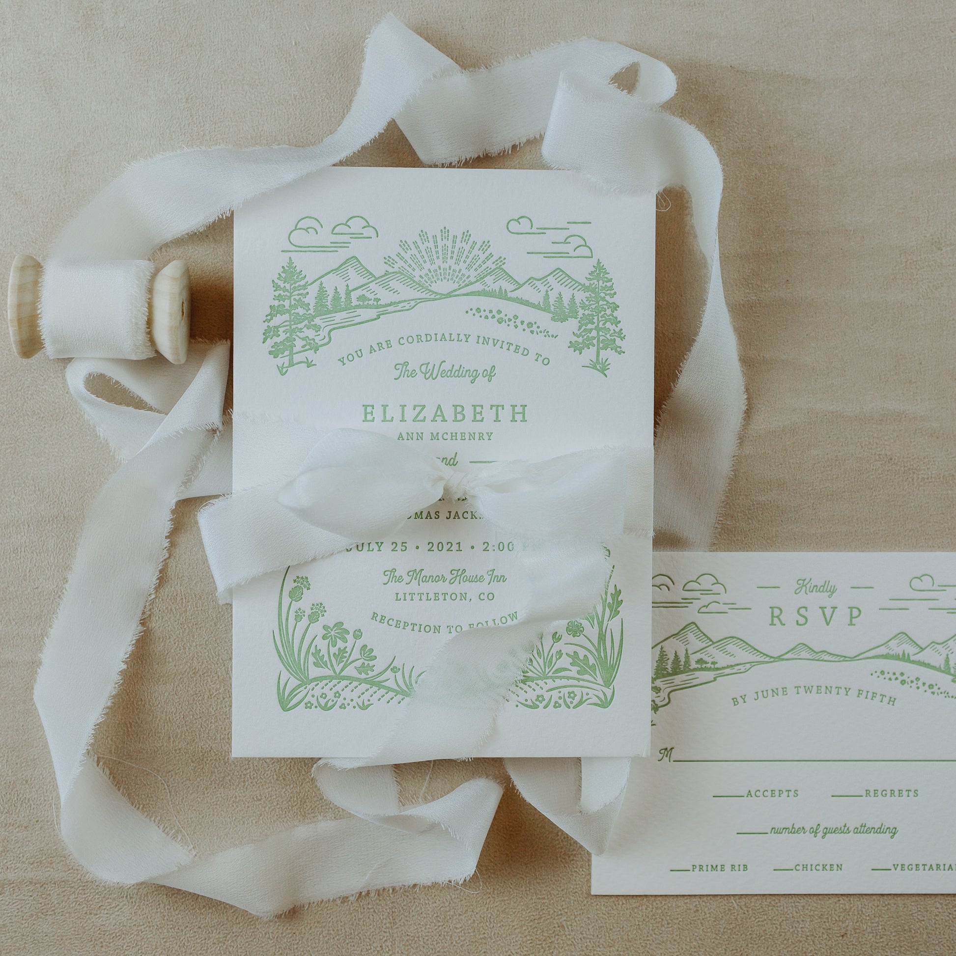 Handmade silk ribbon with a naturally frayed raw edge, used for styling wedding favors and featured in flat lay photography, demonstrating its versatility