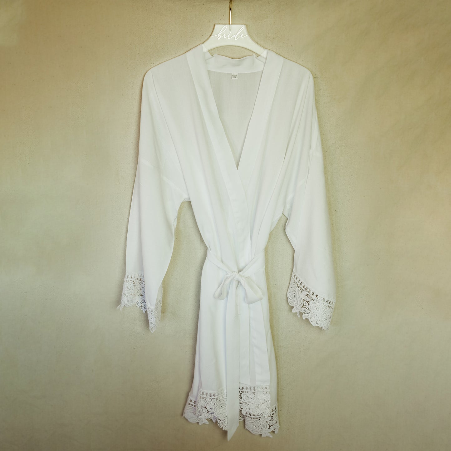 White Getting Ready Robe Gift for the Bride in Soft Cotton with Lace Flowers on the Sleeves