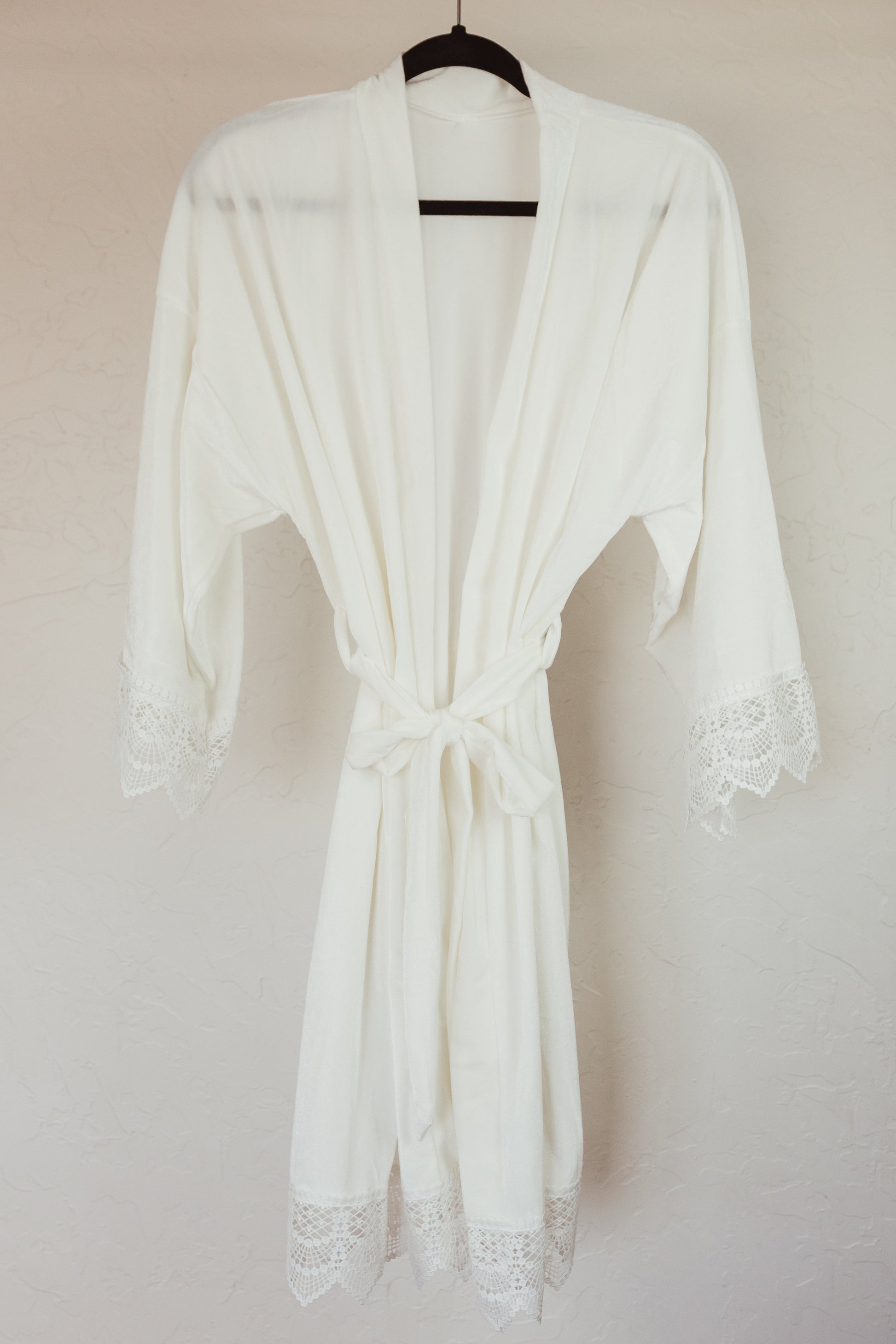 Getting Ready Robe for the Bride in White Velvet with Lace Sleeve Detail